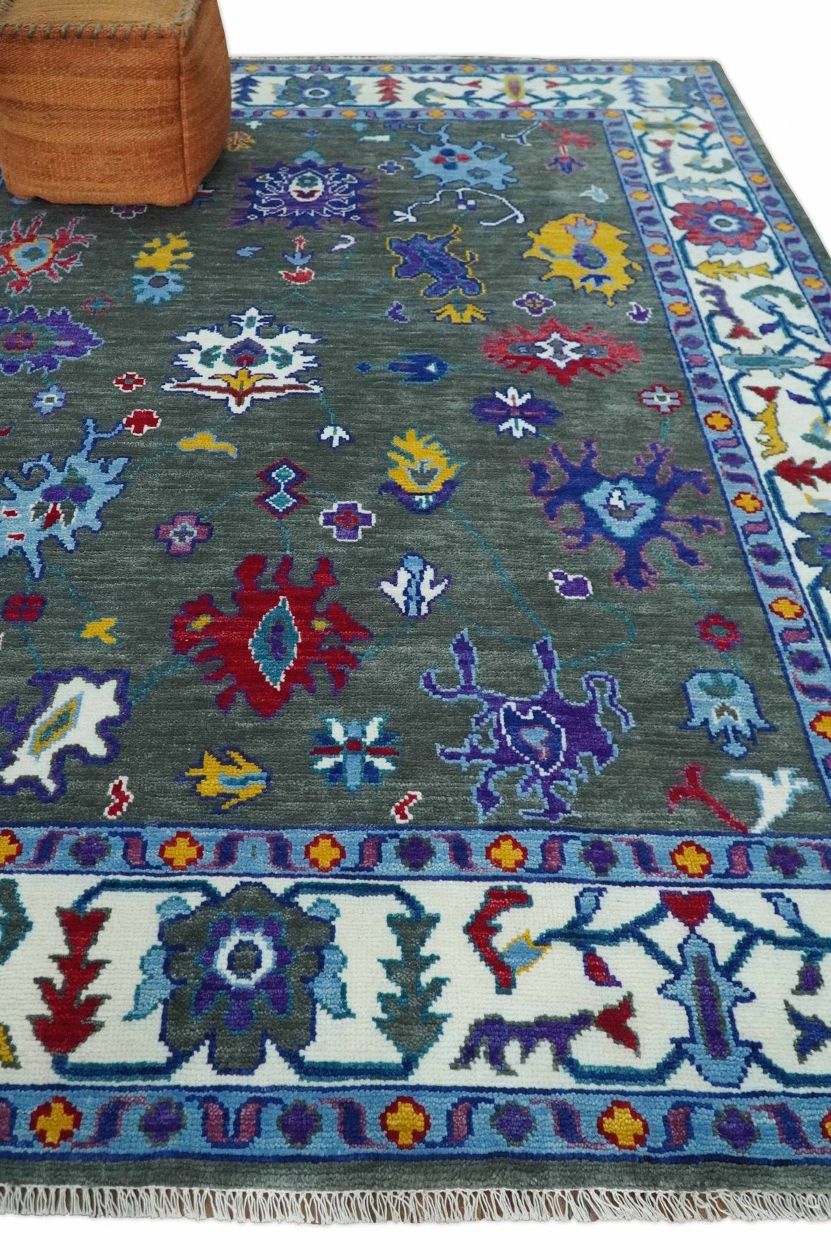 Hand Knotted Charcoal and Ivory Traditional Oushak Style Wool Rug.