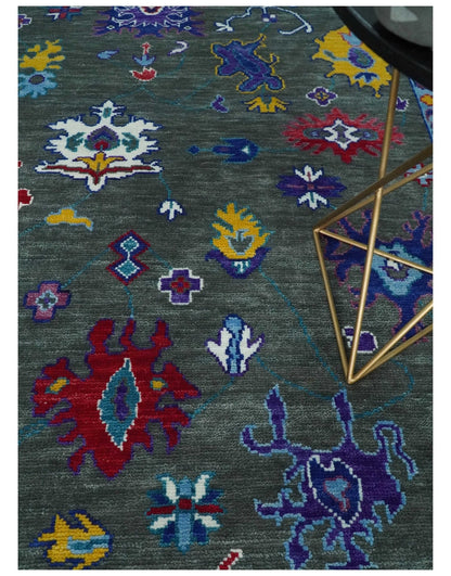 Hand Knotted Charcoal and Ivory Traditional Oushak Style Wool Rug.
