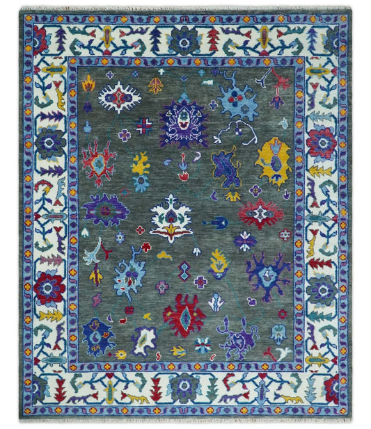 Hand Knotted Charcoal and Ivory Traditional Oushak Style Wool Rug.
