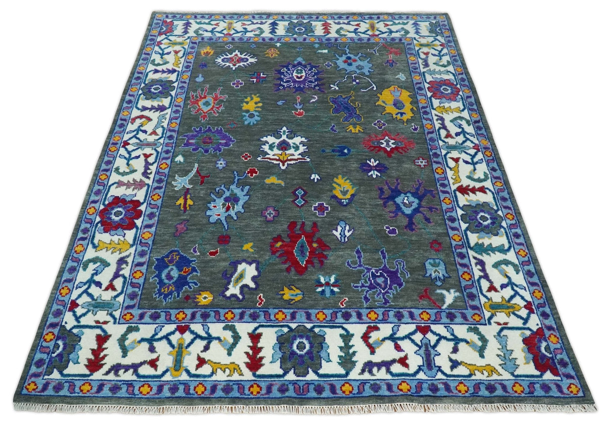 Hand Knotted Charcoal and Ivory Traditional Oushak Style Wool Rug.