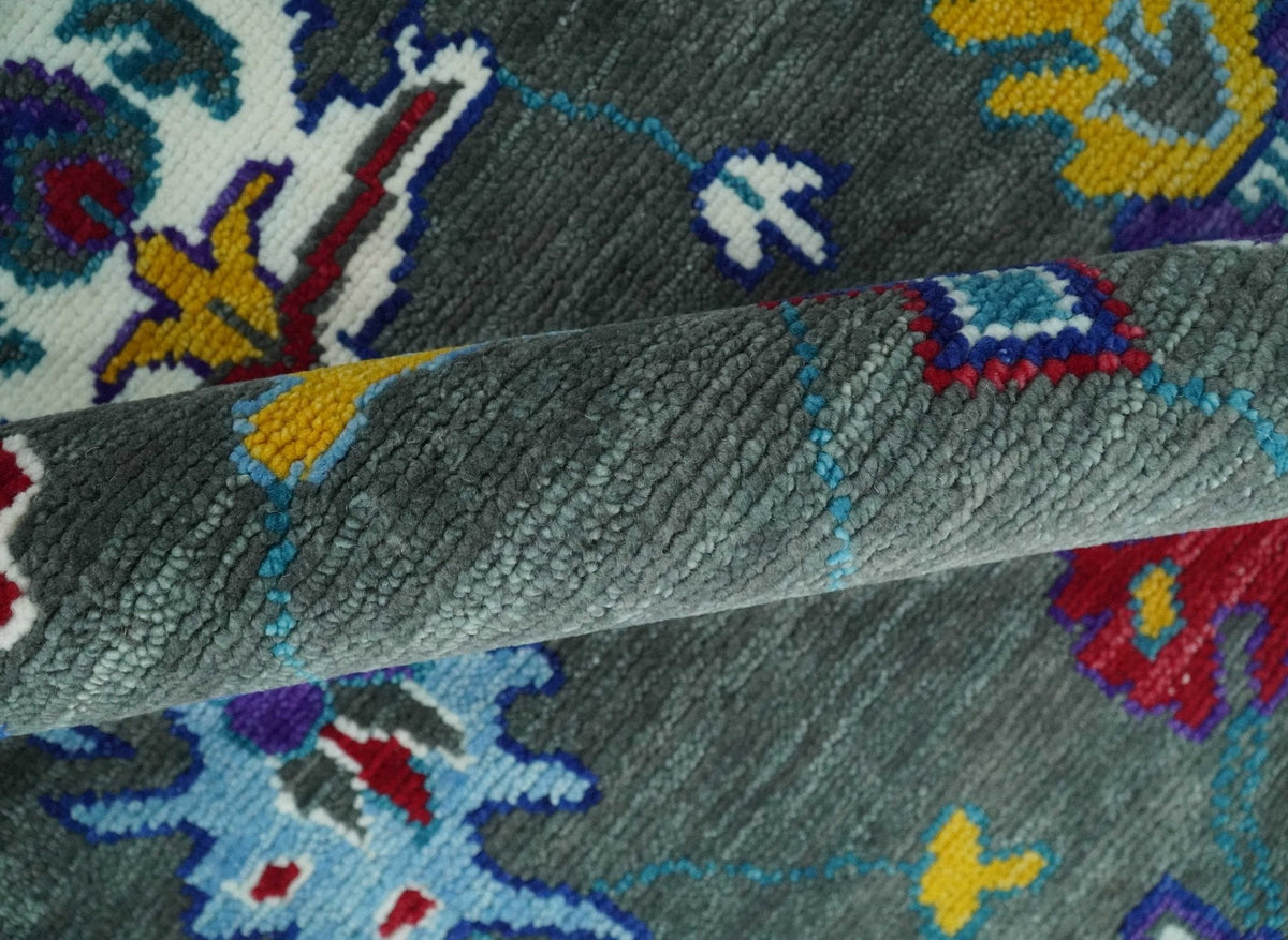 Hand Knotted Charcoal and Ivory Traditional Oushak Style Wool Rug.