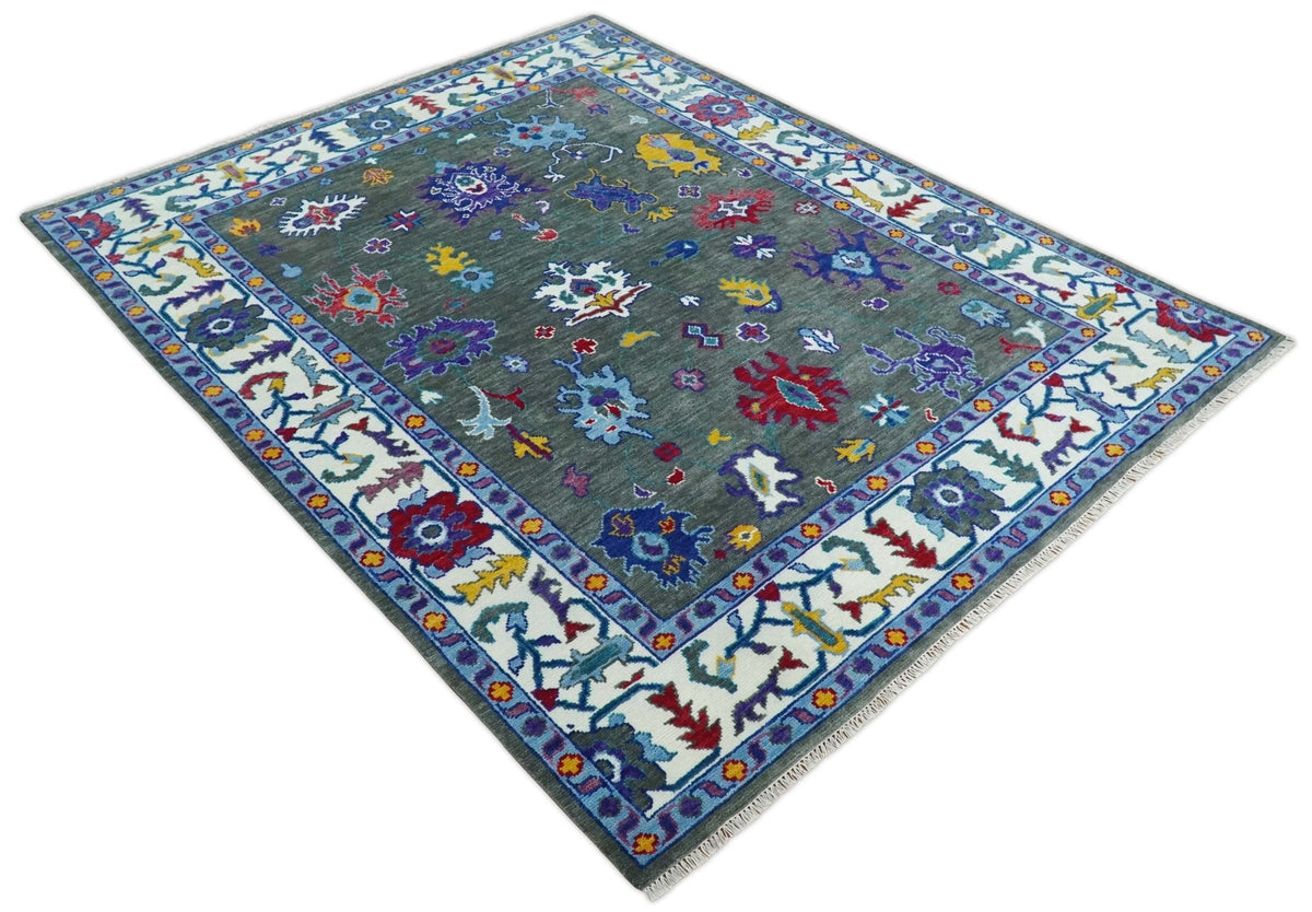 Hand Knotted Charcoal and Ivory Traditional Oushak Style Wool Rug.