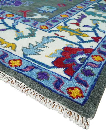 Hand Knotted Charcoal and Ivory Traditional Oushak Style Wool Rug.