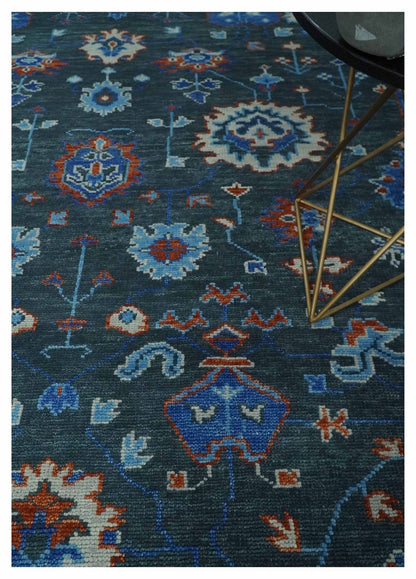 Hand Knotted Teal, Blue and Ivory Traditional Oriental Oushak Wool Area Rug.