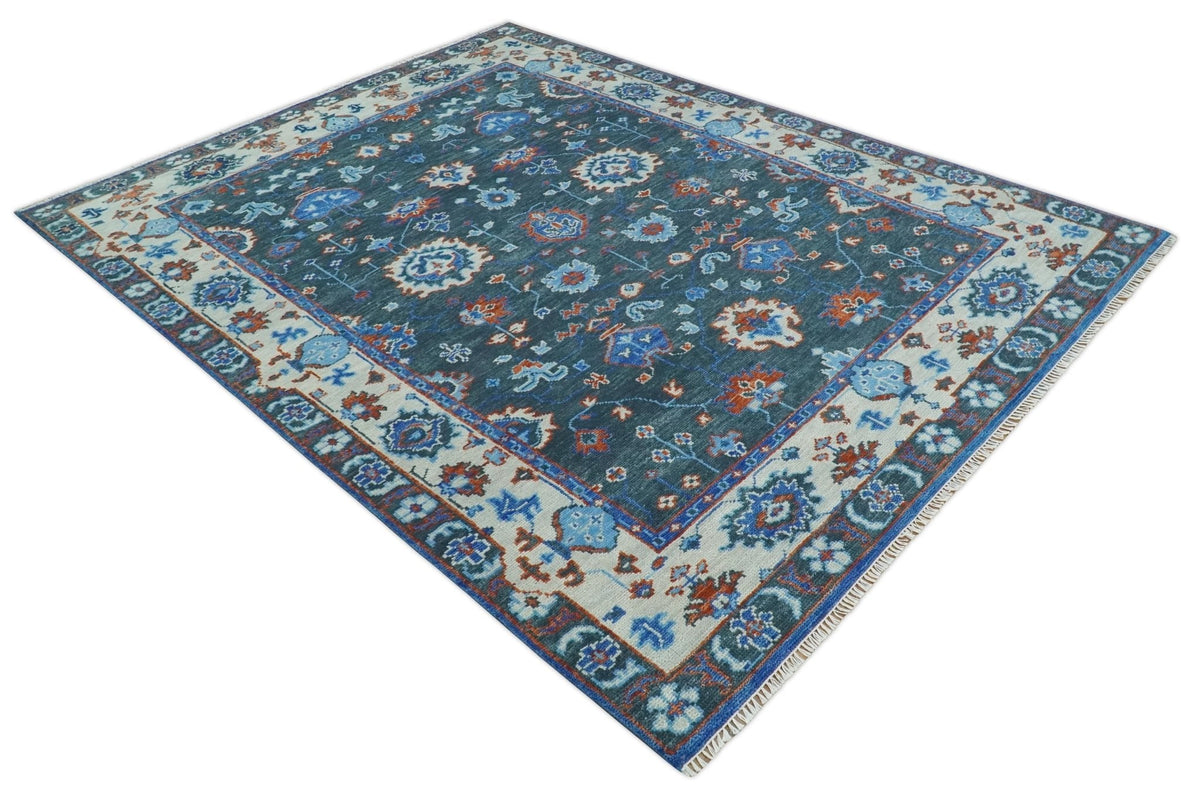 Hand Knotted Teal, Blue and Ivory Traditional Oriental Oushak Wool Area Rug.