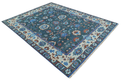 Hand Knotted Teal, Blue and Ivory Traditional Oriental Oushak Wool Area Rug.