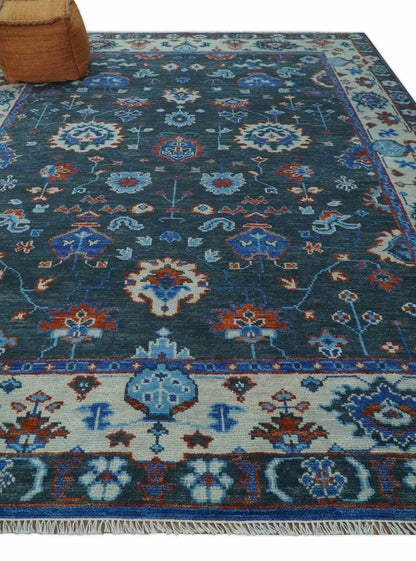 Hand Knotted Teal, Blue and Ivory Traditional Oriental Oushak Wool Area Rug.