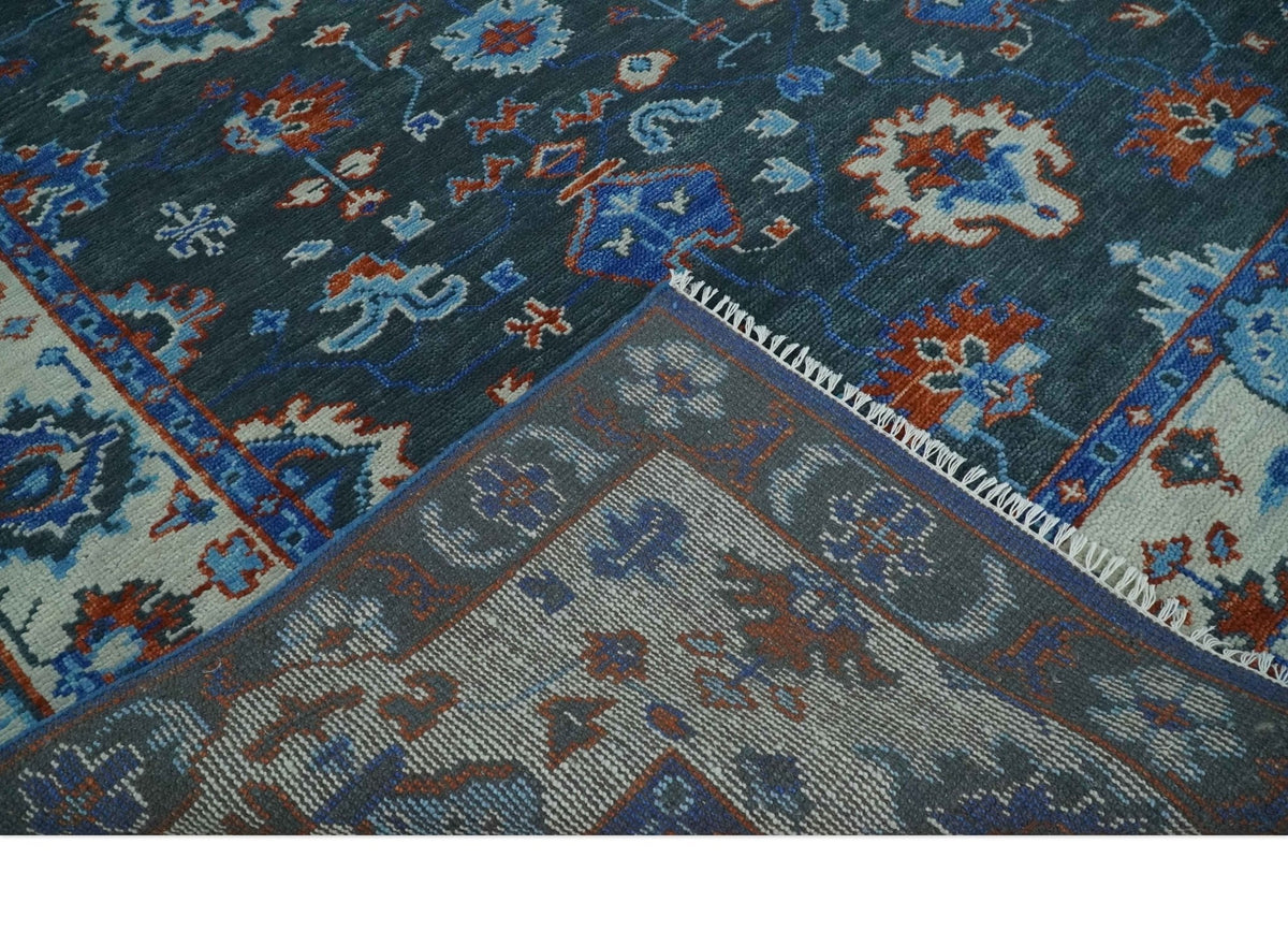 Hand Knotted Teal, Blue and Ivory Traditional Oriental Oushak Wool Area Rug.