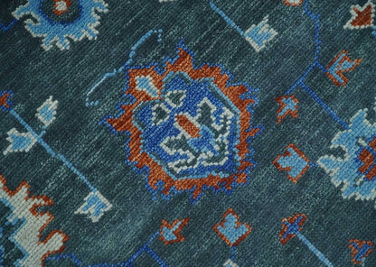 Hand Knotted Teal, Blue and Ivory Traditional Oriental Oushak Wool Area Rug.