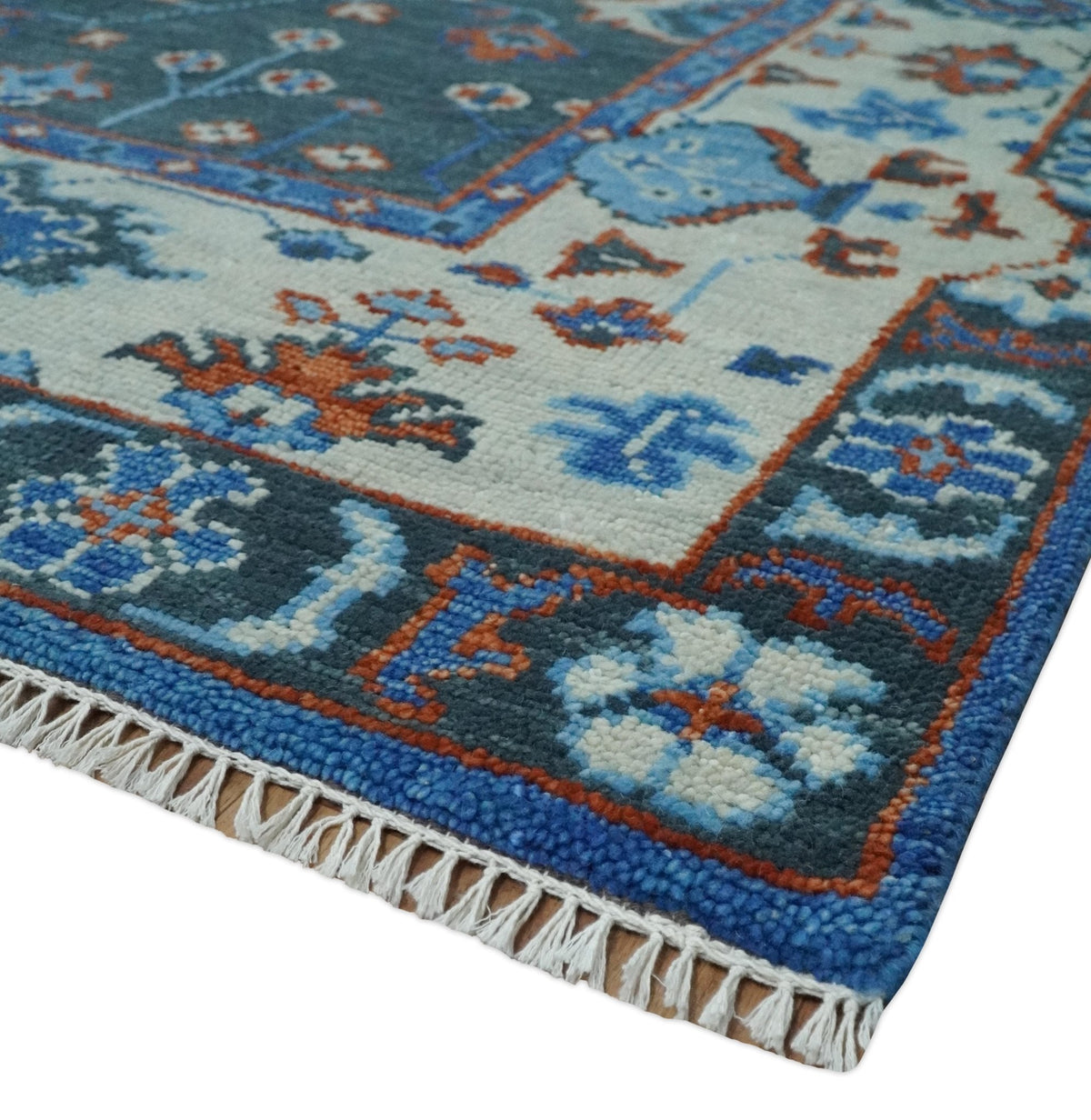 Hand Knotted Teal, Blue and Ivory Traditional Oriental Oushak Wool Area Rug.