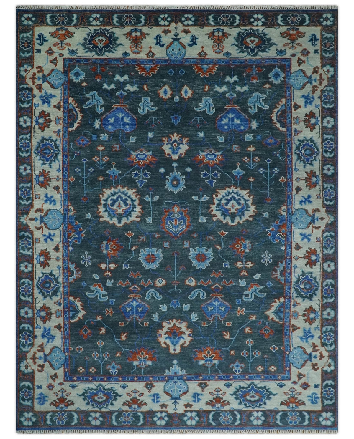 Hand Knotted Teal, Blue and Ivory Traditional Oriental Oushak Wool Area Rug.