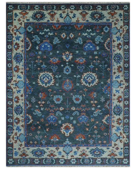 Hand Knotted Teal, Blue and Ivory Traditional Oriental Oushak Wool Area Rug.