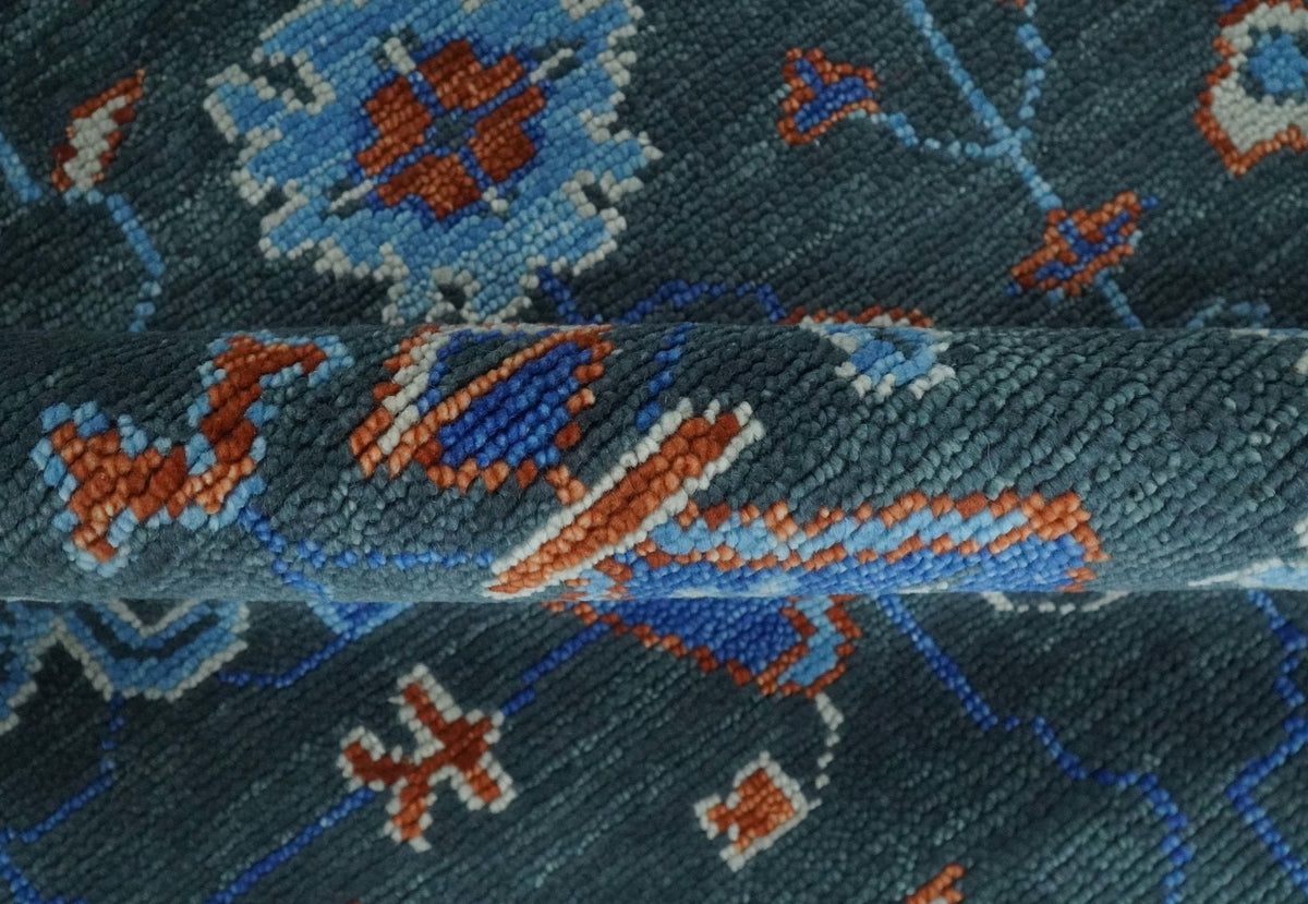 Hand Knotted Teal, Blue and Ivory Traditional Oriental Oushak Wool Area Rug.