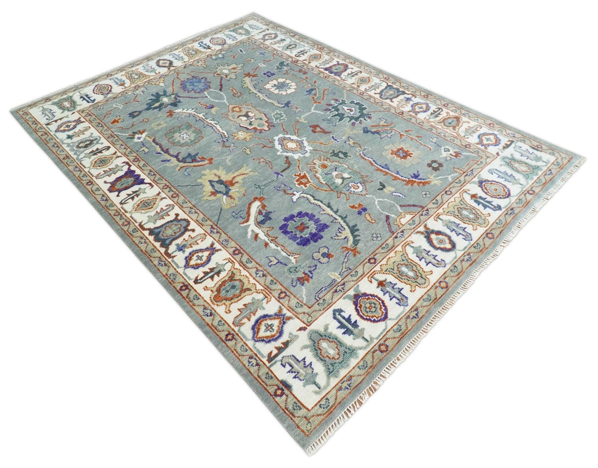 Hand Knotted Gray and Ivory Traditional Oriental Oushak Wool Area Rug.