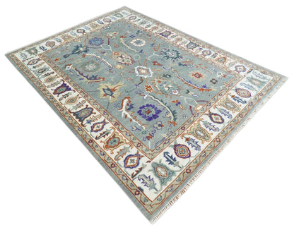 Hand Knotted Gray and Ivory Traditional Oriental Oushak Wool Area Rug.