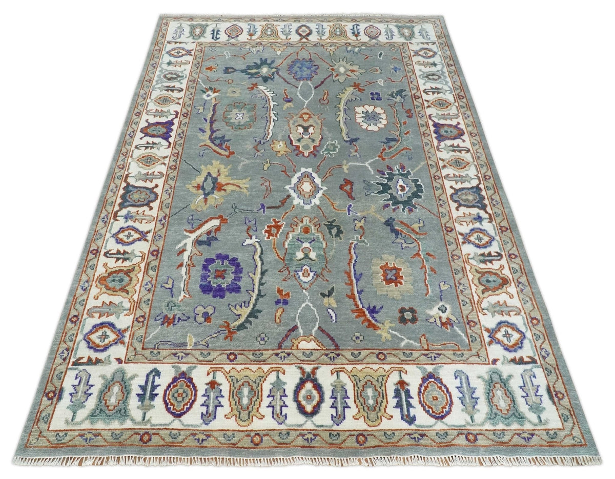 Hand Knotted Gray and Ivory Traditional Oriental Oushak Wool Area Rug.