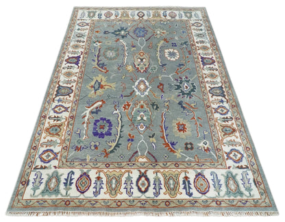 Hand Knotted Gray and Ivory Traditional Oriental Oushak Wool Area Rug.