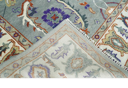 Hand Knotted Gray and Ivory Traditional Oriental Oushak Wool Area Rug.