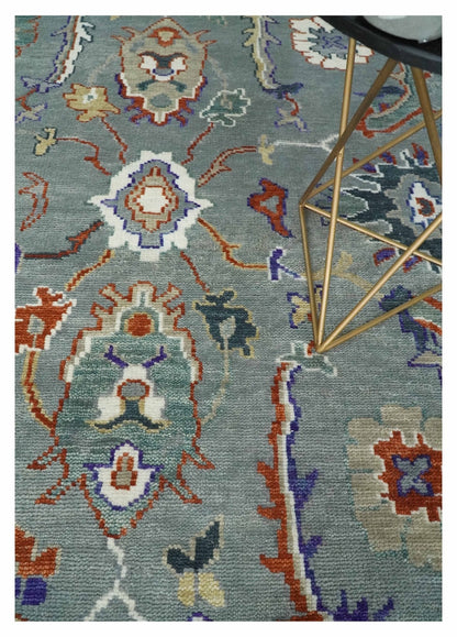 Hand Knotted Gray and Ivory Traditional Oriental Oushak Wool Area Rug.