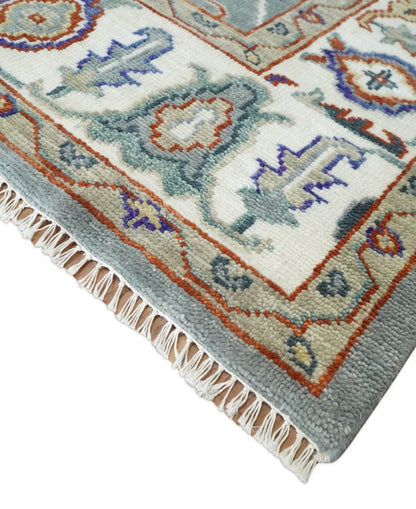 Hand Knotted Gray and Ivory Traditional Oriental Oushak Wool Area Rug.