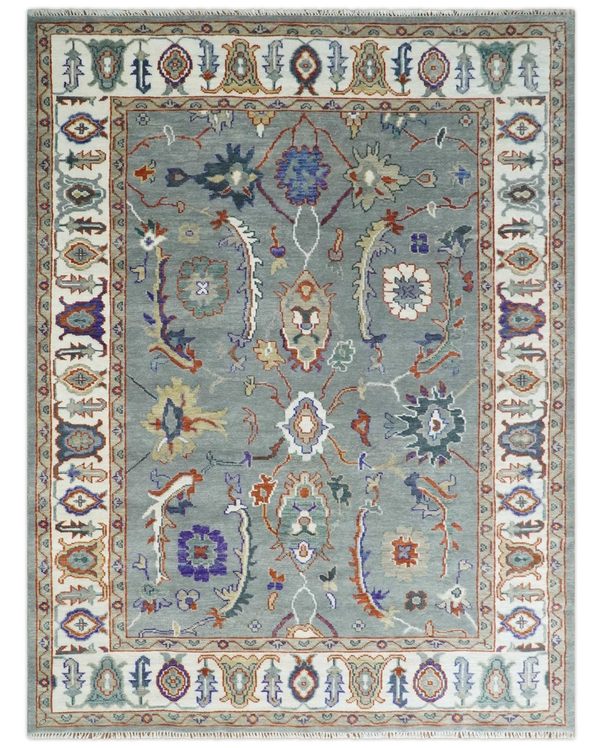 Hand Knotted Gray and Ivory Traditional Oriental Oushak Wool Area Rug.
