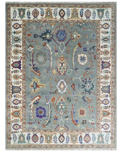 Hand Knotted Gray and Ivory Traditional Oriental Oushak Wool Area Rug.
