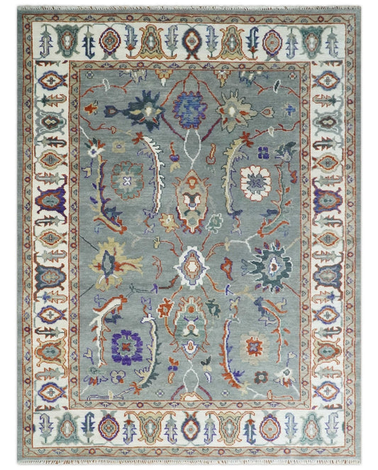 Hand Knotted Gray and Ivory Traditional Oriental Oushak Wool Area Rug.