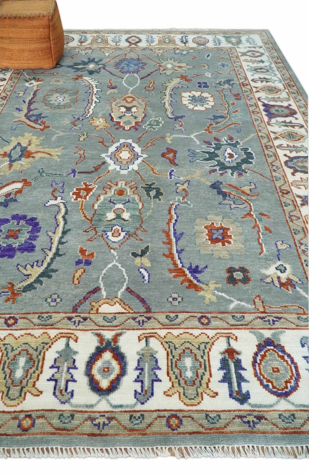 Hand Knotted Gray and Ivory Traditional Oriental Oushak Wool Area Rug.