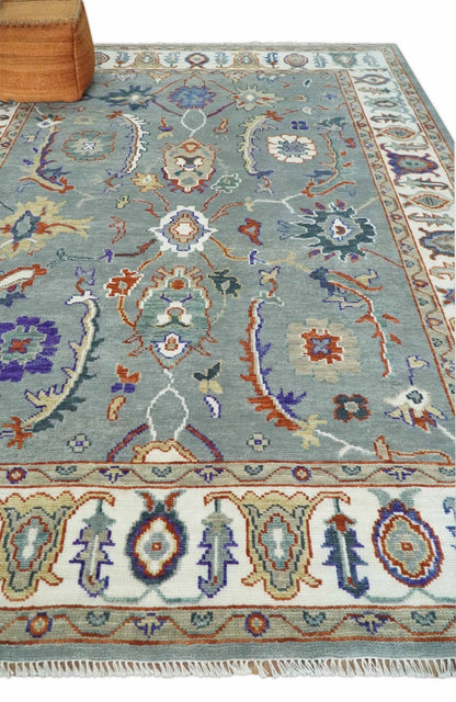 Hand Knotted Gray and Ivory Traditional Oriental Oushak Wool Area Rug.