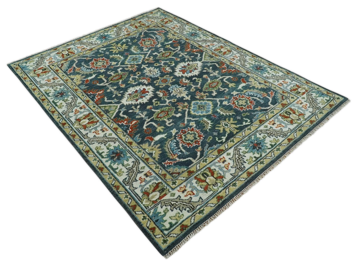 Hand Knotted Green and Ivory Traditional Oriental Oushak Custom Made Wool Area Rug.