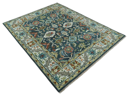 Hand Knotted Green and Ivory Traditional Oriental Oushak Custom Made Wool Area Rug.