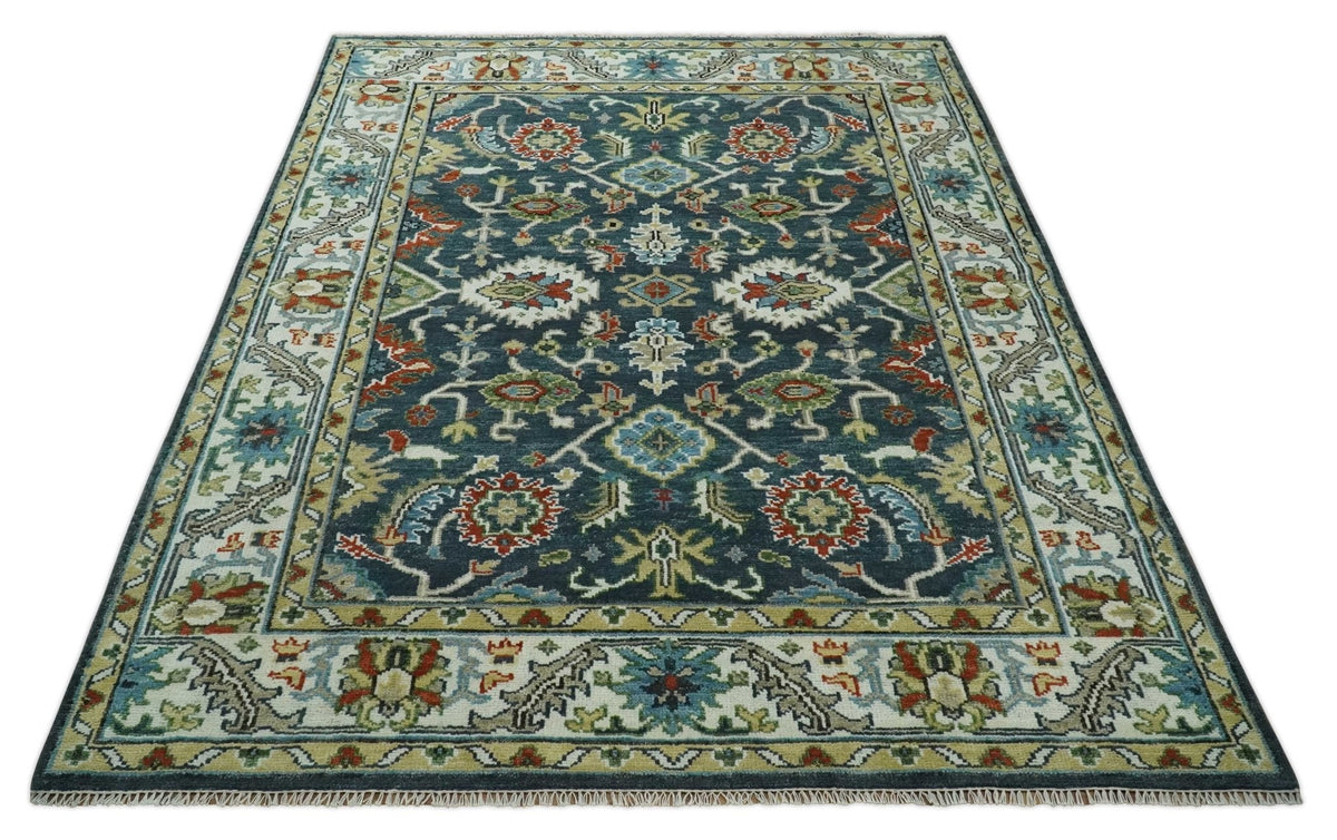 Hand Knotted Green and Ivory Traditional Oriental Oushak Custom Made Wool Area Rug.
