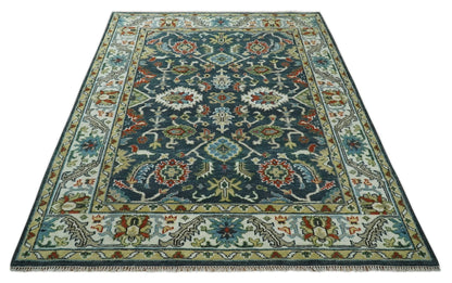 Hand Knotted Green and Ivory Traditional Oriental Oushak Custom Made Wool Area Rug.