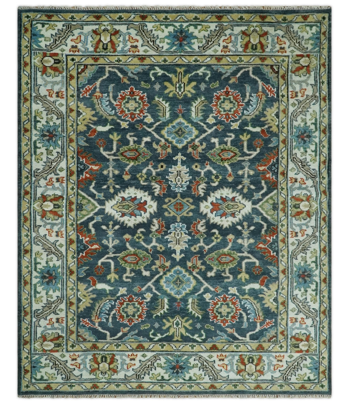 Hand Knotted Green and Ivory Traditional Oriental Oushak Custom Made Wool Area Rug.