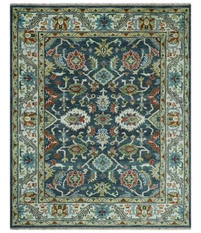 Hand Knotted Green and Ivory Traditional Oriental Oushak Custom Made Wool Area Rug.