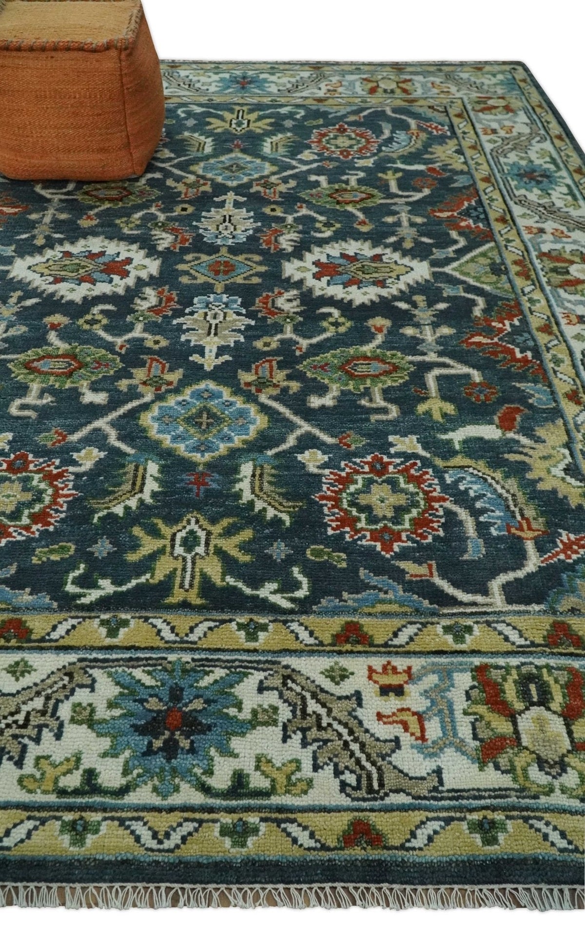 Hand Knotted Green and Ivory Traditional Oriental Oushak Custom Made Wool Area Rug.