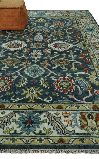 Hand Knotted Green and Ivory Traditional Oriental Oushak Custom Made Wool Area Rug.