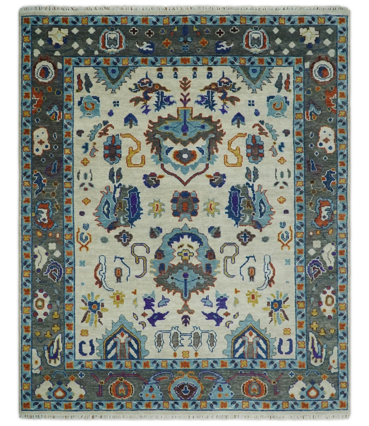 Hand Knotted Ivory, Charcoal and Blue Traditional Oushak Multi size Wool Area Rug.