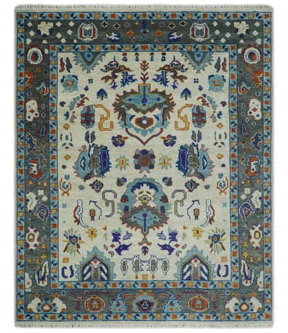 Hand Knotted Ivory, Charcoal and Blue Traditional Oushak Multi size Wool Area Rug.