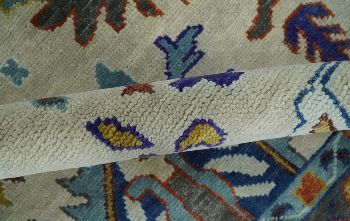 Hand Knotted Ivory, Charcoal and Blue Traditional Oushak Multi size Wool Area Rug.