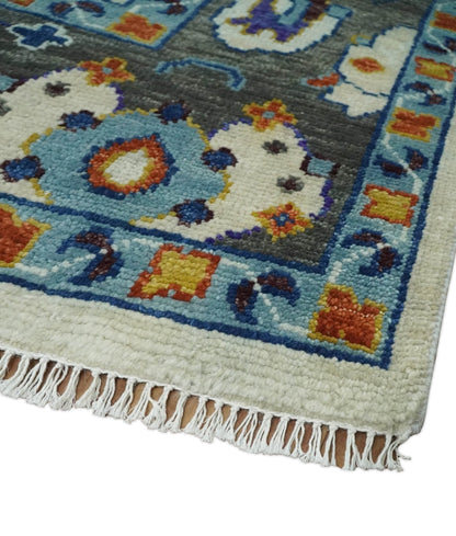 Hand Knotted Ivory, Charcoal and Blue Traditional Oushak Multi size Wool Area Rug.
