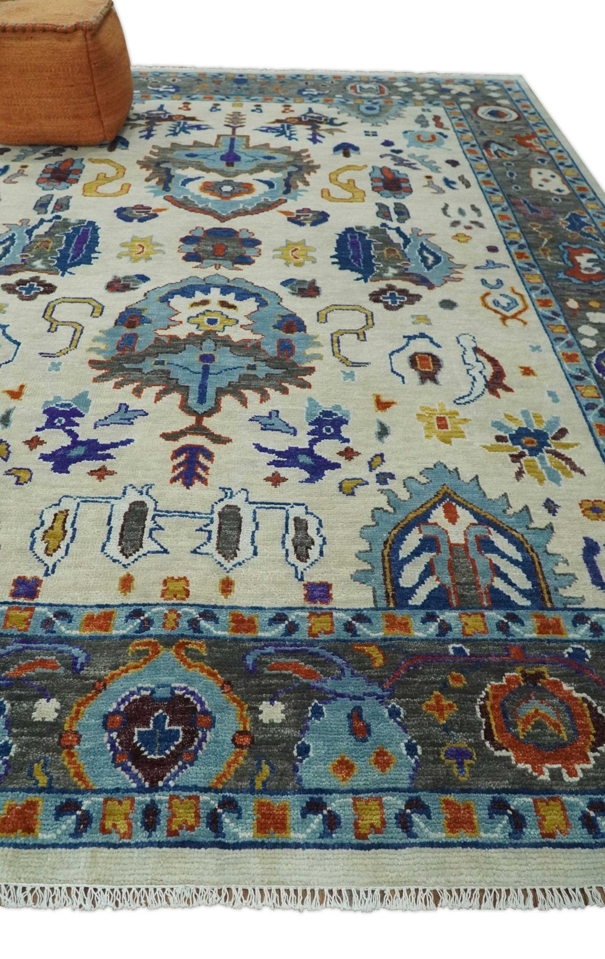 Hand Knotted Ivory, Charcoal and Blue Traditional Oushak Multi size Wool Area Rug.
