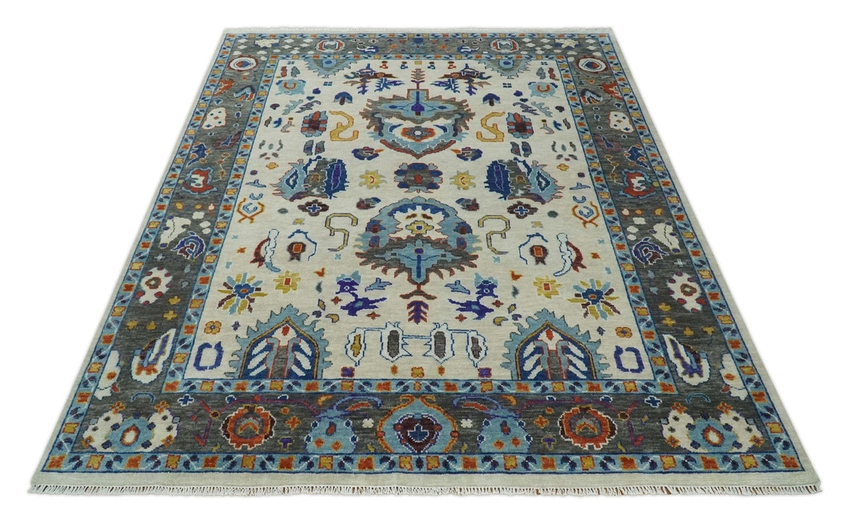 Hand Knotted Ivory, Charcoal and Blue Traditional Oushak Multi size Wool Area Rug.