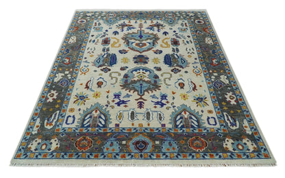 Hand Knotted Ivory, Charcoal and Blue Traditional Oushak Multi size Wool Area Rug.