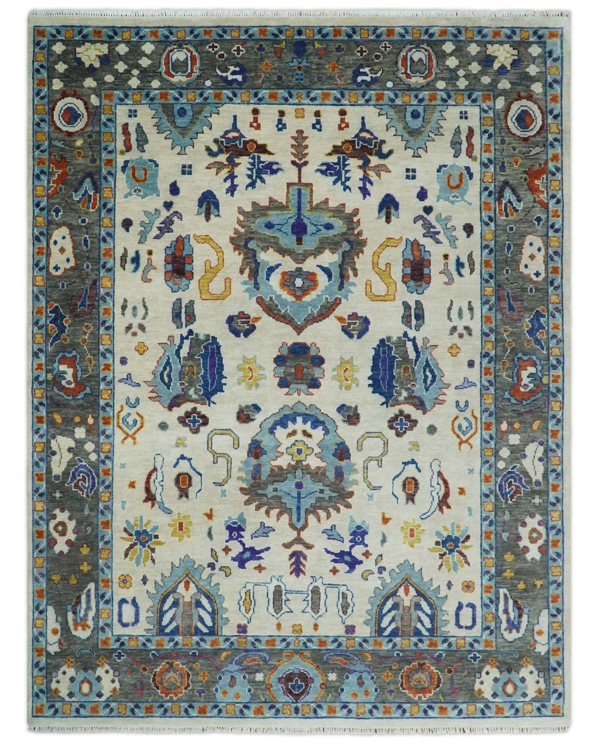 Hand Knotted Ivory, Charcoal and Blue Traditional Oushak Multi size Wool Area Rug.