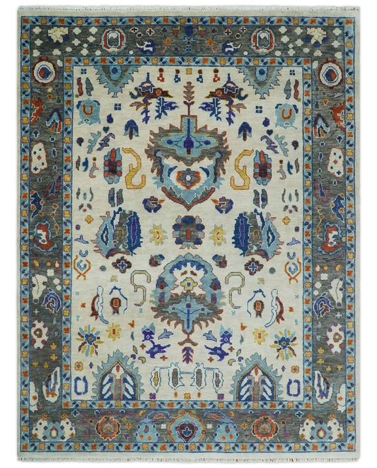 Hand Knotted Ivory, Charcoal and Blue Traditional Oushak Multi size Wool Area Rug.