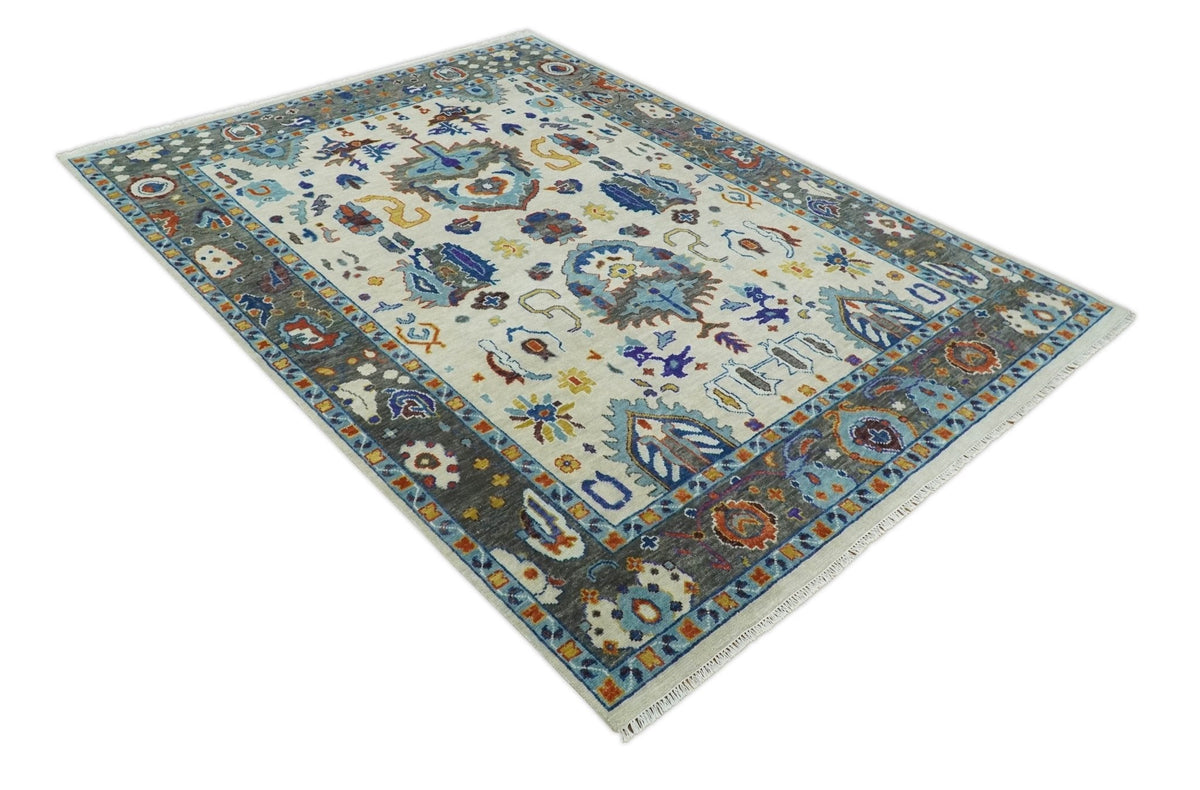 Hand Knotted Ivory, Charcoal and Blue Traditional Oushak Multi size Wool Area Rug.