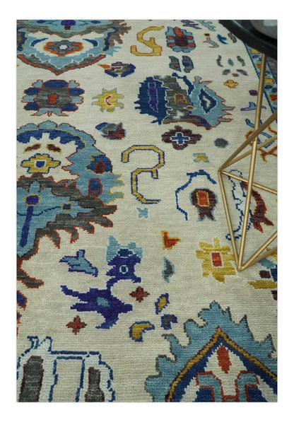 Hand Knotted Ivory, Charcoal and Blue Traditional Oushak Multi size Wool Area Rug.