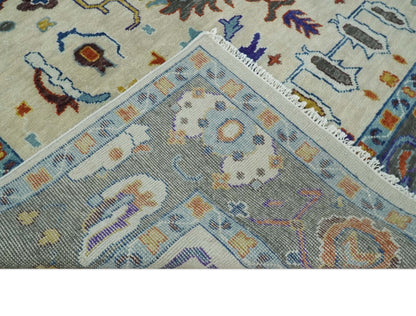 Hand Knotted Ivory, Charcoal and Blue Traditional Oushak Multi size Wool Area Rug.