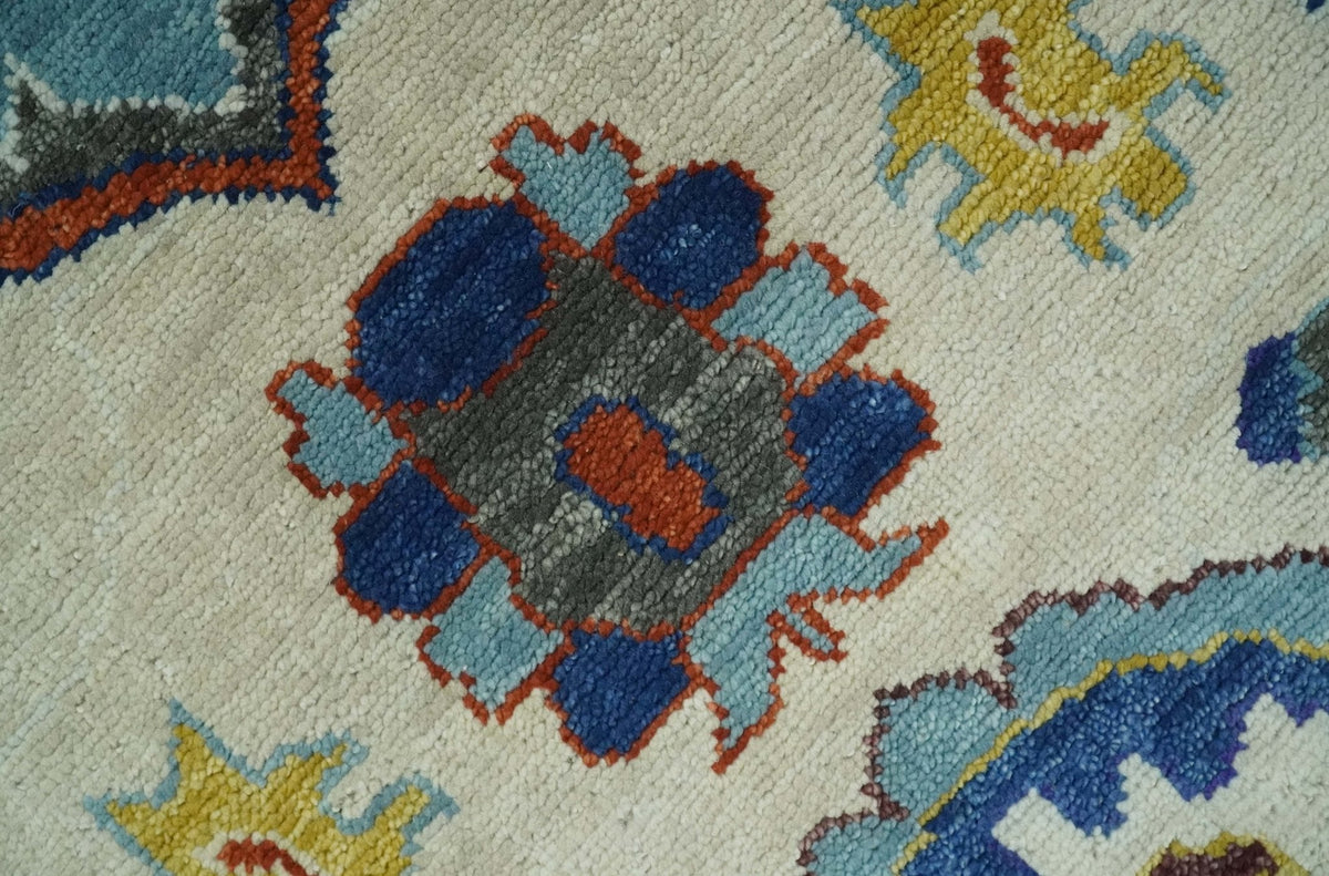 Hand Knotted Ivory, Charcoal and Blue Traditional Oushak Multi size Wool Area Rug.